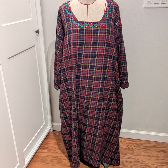 Vermont Country Store Size 3X Nightgown Womens Plaid Flannel Embroidered Flowers - Picture 1 of 7
